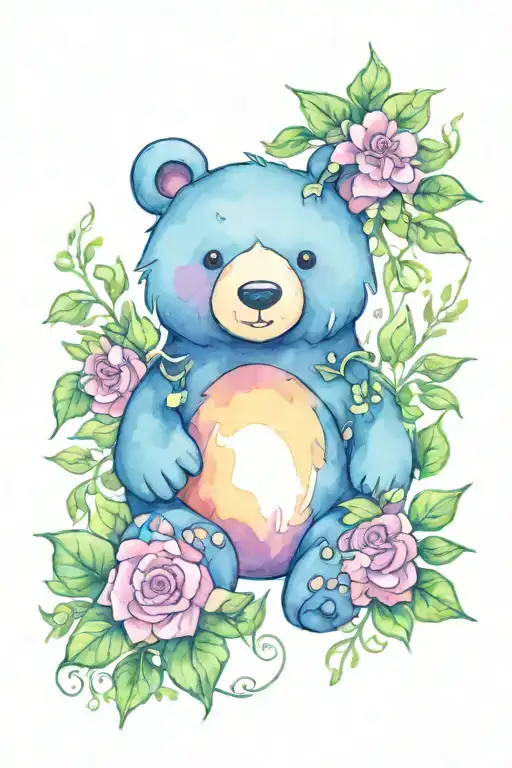 Cartoon bear with flowers & ivy vines tattoo design idea