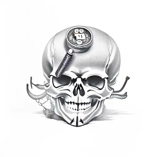 A creepy skull with dollar signs for eyes, holding a smoking gun tattoo design idea
