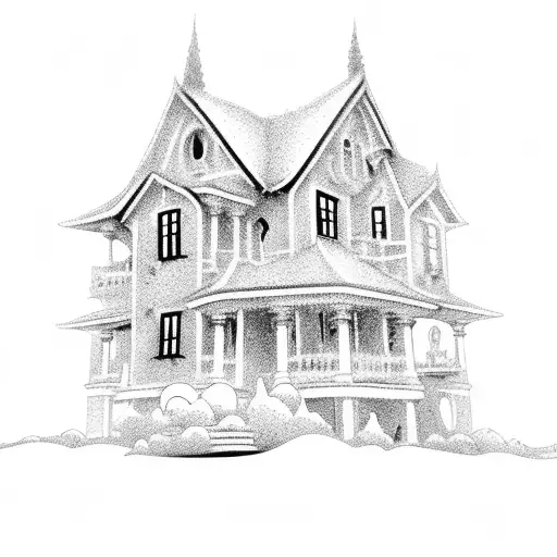 A haunted mansion with money raining down from the sky, in a black-grey style tattoo design idea