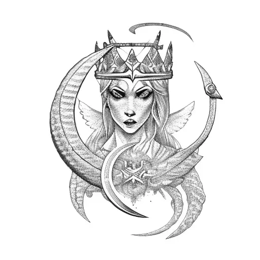 sword snake crown moon angel wings tattoo design idea