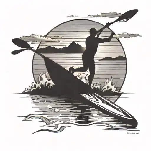 A tattoo of a peaceful paddle boarding scene at sunset, capturing your passion for paddle boarding in a serene and beautiful way tattoo design idea