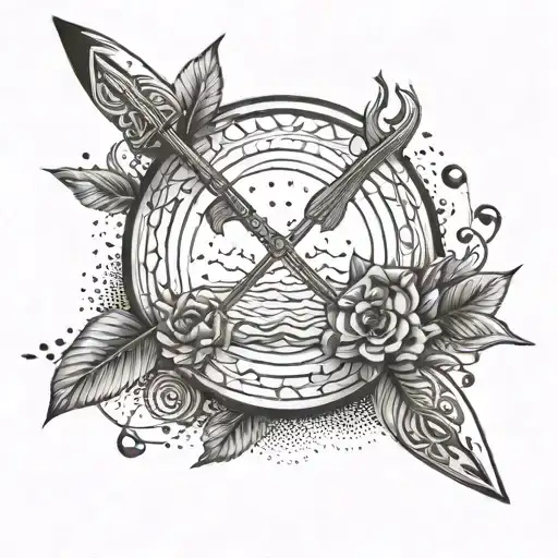 An intricate tattoo of a bow and arrow intertwined with a paddle board, representing your passion for archery and paddle boarding tattoo design idea