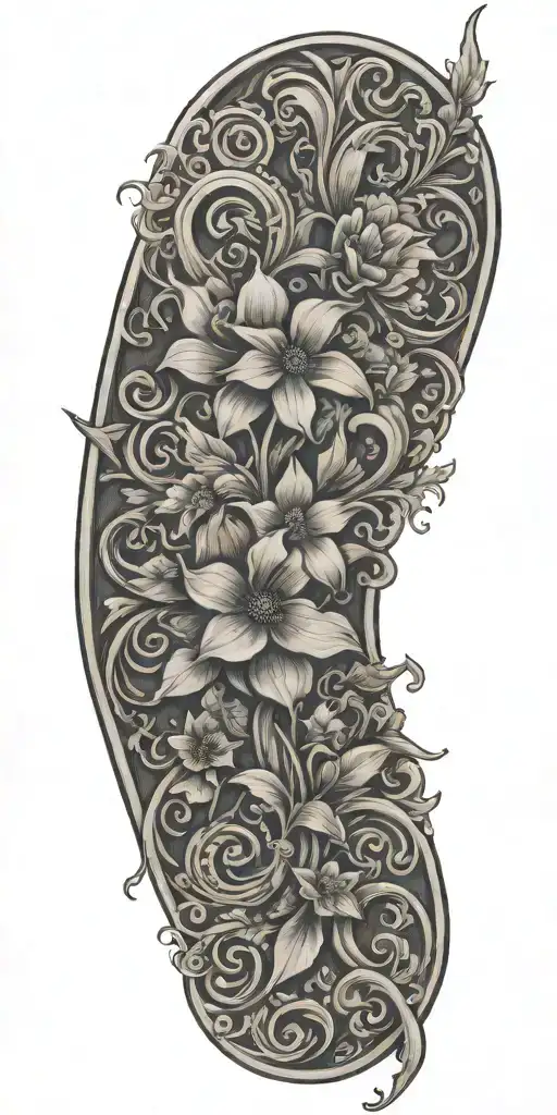 Tooled leather filagree with flowers add a j and s and basket weave  tattoo design idea