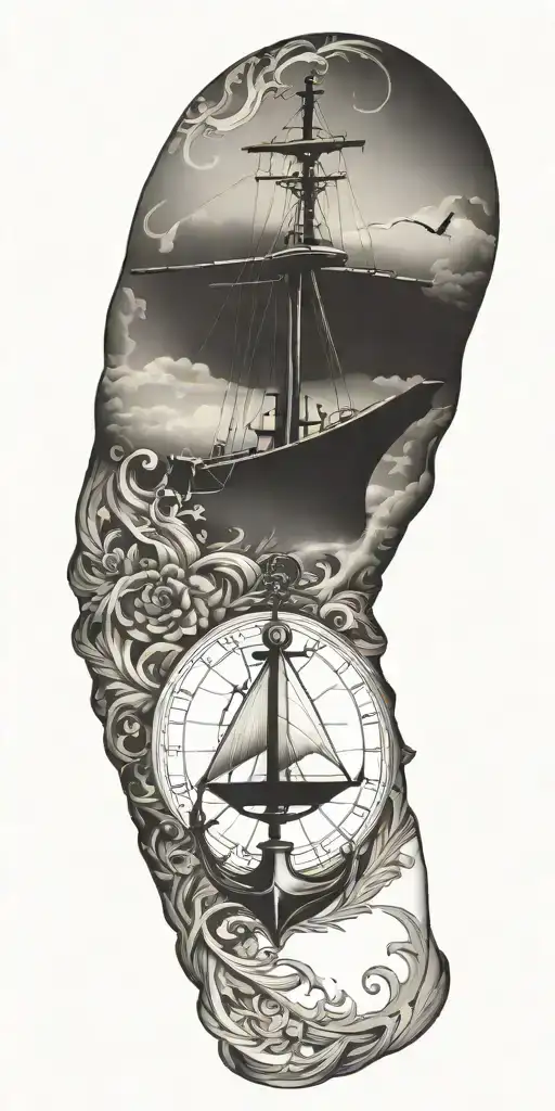 filagree sleeve with nautical elements like anchors tattoo design idea