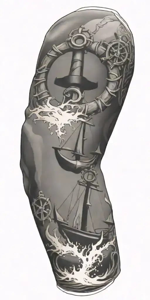 full sleeve with nautical elements like anchors tattoo design idea