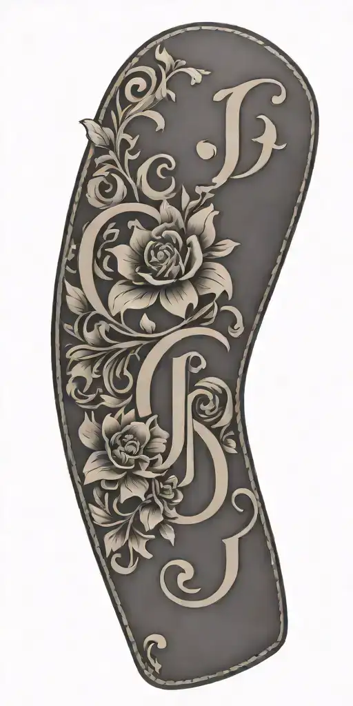 Tooled leather filagree and flowers with the letters J & S  tattoo design idea