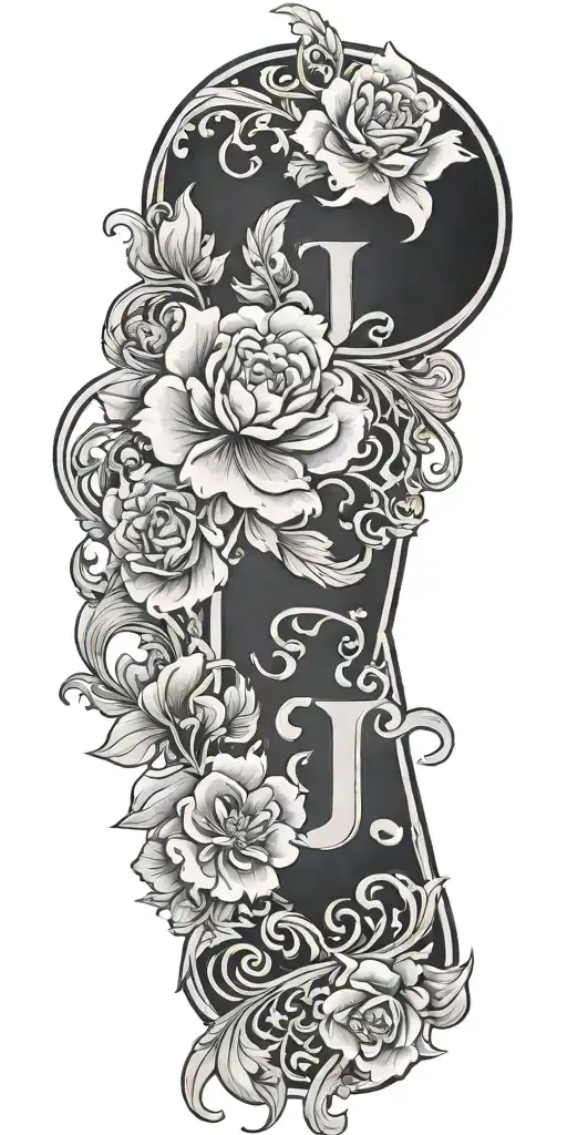 Tooled leather filagree with flowers letters J,S  tattoo design idea