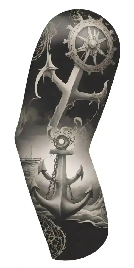 filagree sleeve with nautical elements like anchors tattoo design idea
