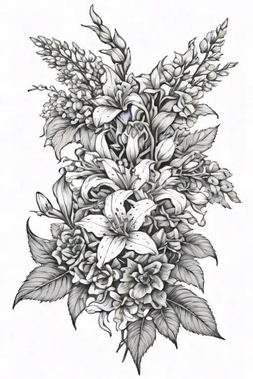 flower bouquet with Carnation, gladiolus, holly, aster, water lily, daffodil, marigold, lily of the valley, daisy  tattoo design idea