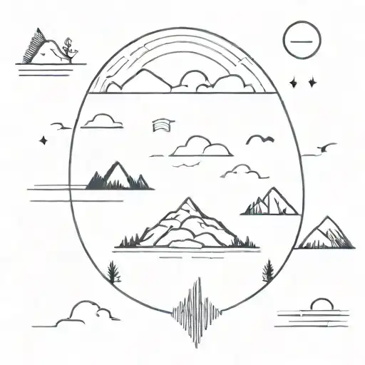 nature elements including river, lake, mountains, clouds tattoo design idea