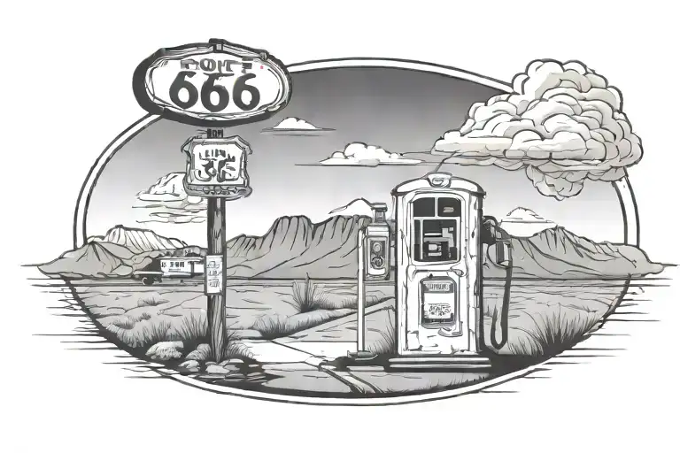 route 66 sign with road old gas pump motel mountain  tattoo design idea