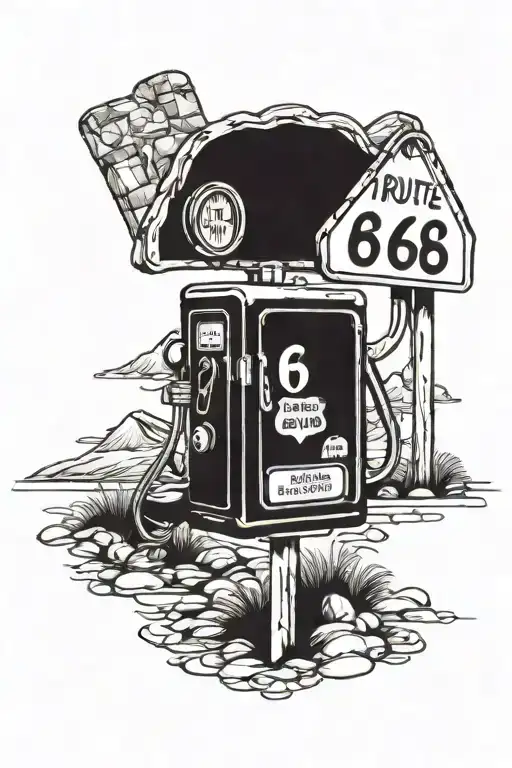 route 66 sign with road old gas pump motel mountain  tattoo design idea