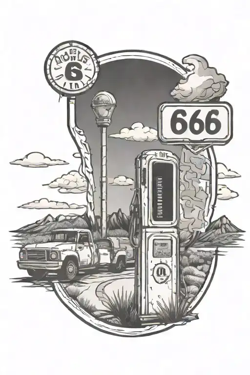 route 66 sign with road old gas pump motel mountain  tattoo design idea