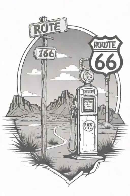 route 66 sign with road old gas pump motel mountain  tattoo design idea