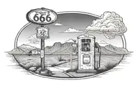 route 66 sign with road old gas pump motel mountain  tattoo design idea