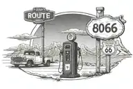 route 66 sign with road old gas pump motel mountain  tattoo design idea