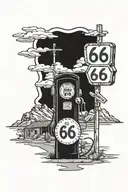 route 66 sign with road old gas pump motel mountain  tattoo design idea