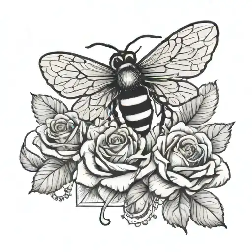 a cross with a bee sitting and rose petals on the floor  tattoo design idea