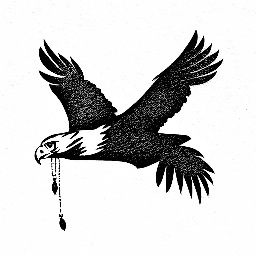 eagle flying up, with a 3 pearls hanging its neck in a golden chain. tattoo design idea
