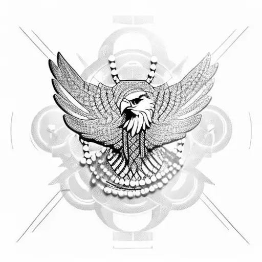 eagle taking off upwards, with a chain around its neck from which 3 rings with a pearl each hang. The eagle flies over  tattoo design idea