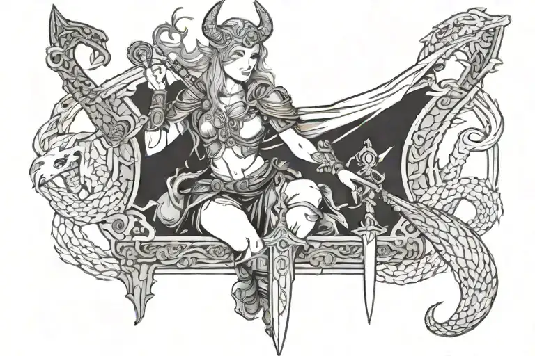 freya norse goddes with sword in hand and a dragon on top tattoo design idea