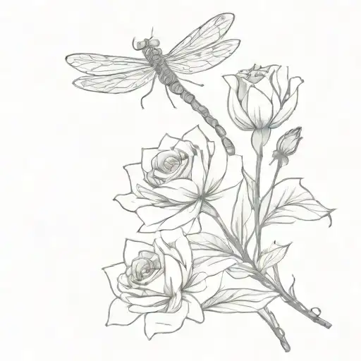 dragonfly hovering a rose and aster flower bouquet tattoo design idea