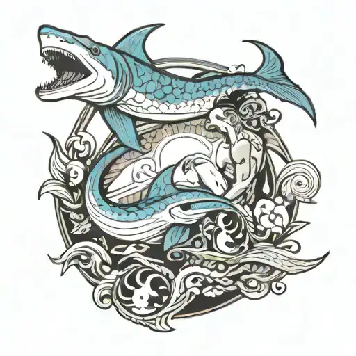 yin yang as hammerhead shark and merman tattoo design idea