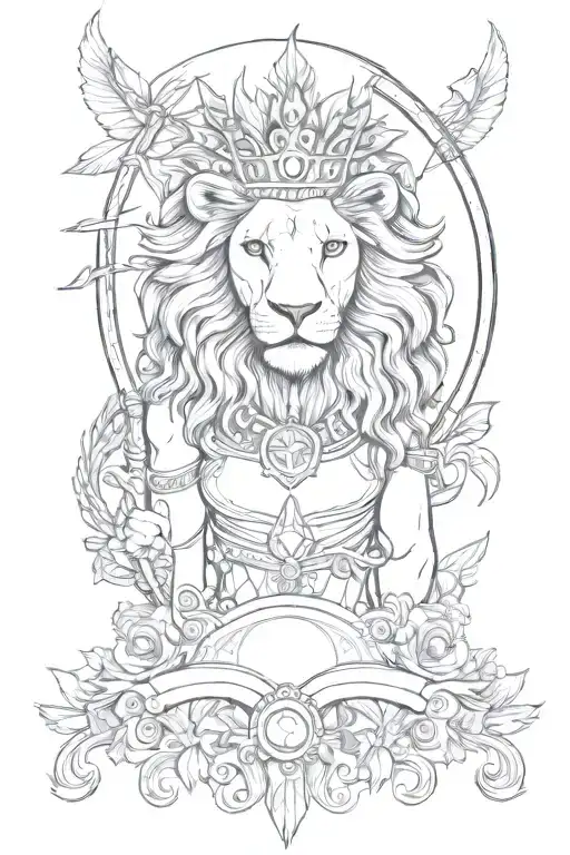 lion with crown on head with Themis s the goddess and Indians gril with wings and bow and arrow  tattoo design idea