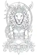 lion with crown on head with Themis s the goddess and Indians gril with wings and bow and arrow  tattoo design idea