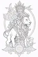 lion with crown on head with Themis s the goddess and Indians gril with wings and bow and arrow  tattoo design idea