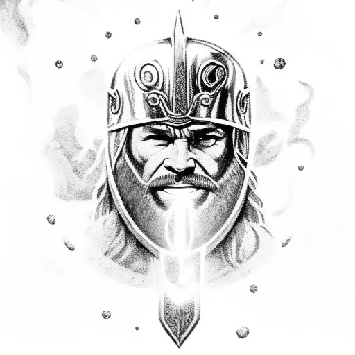A Viking-inspired Thor wielding a lightning bolt among swirling galaxies tattoo design idea