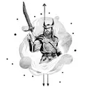 A Viking-inspired Thor wielding a lightning bolt among swirling galaxies tattoo design idea