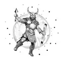A Viking-inspired Thor wielding a lightning bolt among swirling galaxies tattoo design idea