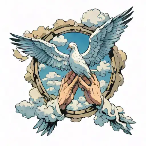 praying hands doves clouds heavens door cracked open tattoo design idea