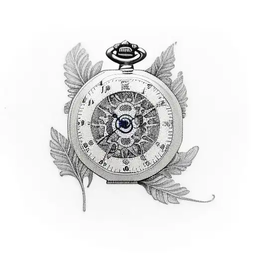 old fashioned pocket watch with petunias a forest half moon half sun full sleeve  tattoo design idea