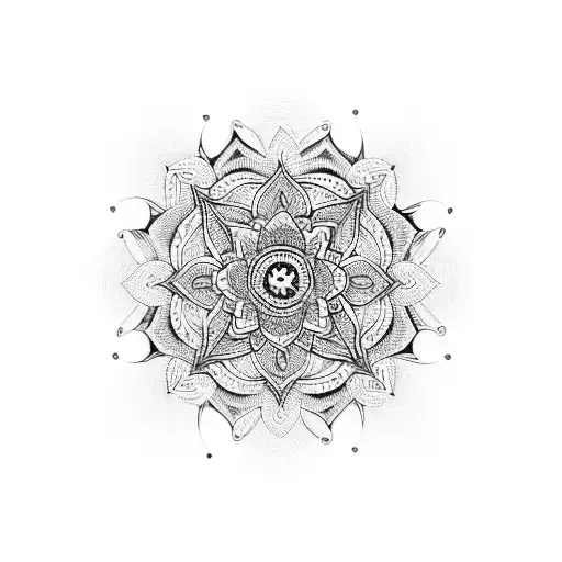 A detailed mandala design with hearts and religious symbols intertwined tattoo design idea