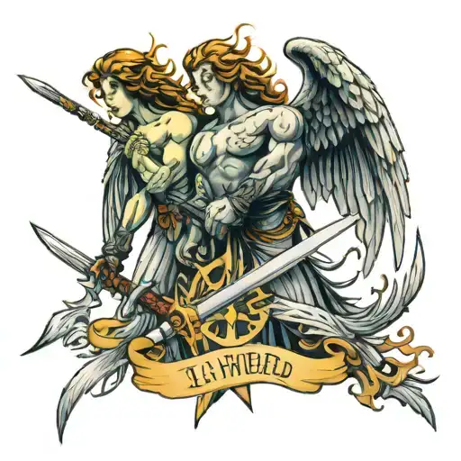 fire sword angels holding tattoo design idea
