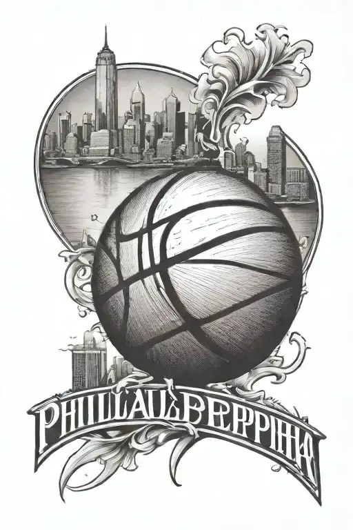 A traditional style basketball with the Philadelphia skyline inside tattoo design idea