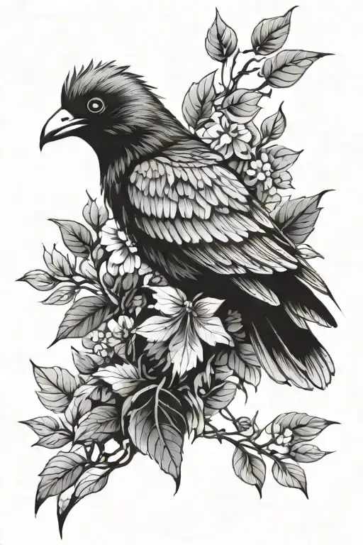 Sleeve with a bird on the shoulder, leaves, animals, Indian style tattoo design idea