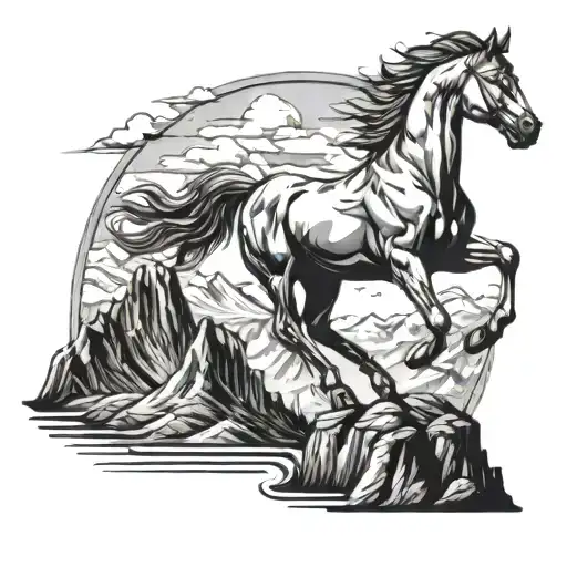 A majestic horse standing on a cliff overlooking a vast mountain range, with a military insignia subtly incorporated into the scenery tattoo design idea