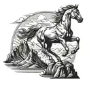 A majestic horse standing on a cliff overlooking a vast mountain range, with a military insignia subtly incorporated into the scenery tattoo design idea