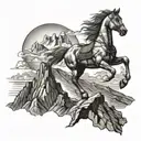 A majestic horse standing on a cliff overlooking a vast mountain range, with a military insignia subtly incorporated into the scenery tattoo design idea