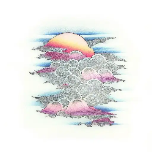 sea waves sunset fancy clouds tattoo design idea