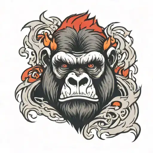 angry gorilla face with scar and red flames around to capture on the chest tattoo design idea