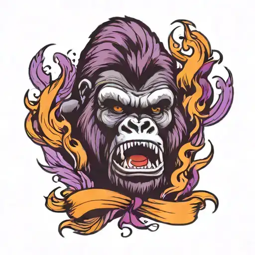 gorilla face with fire around it and a purple jiu jitsu ribbon on the neck tattoo design idea