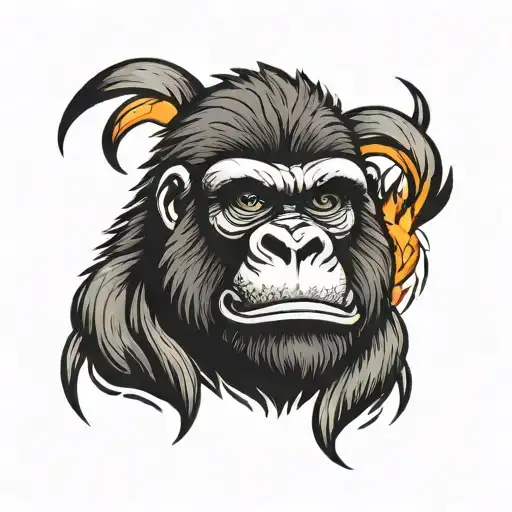 gorilla face with fire around it and a jiu jitsu ribbon on the neck to capture on the chest tattoo design idea