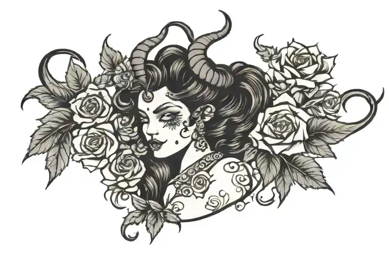 spooky girl, capricorn, flower blooming tattoo design idea