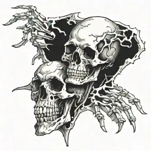 a upper part of the skelleton, skull is fractured, it is holding a bleeding geart in its hand. just bones and nerves. tattoo design idea