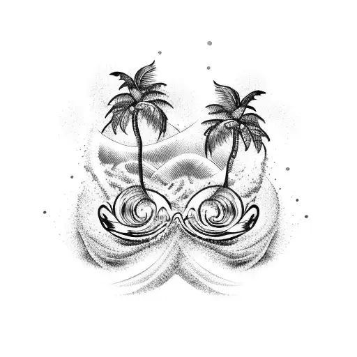 Ocean Wave, two hearts , palm tree tattoo design idea