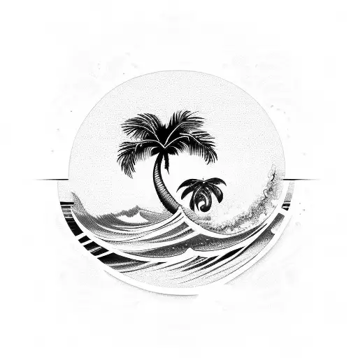 Ocean Wave, two hearts , palm tree as one line tattoo design idea